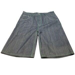 Urban Label Mens Denim Shorts Baggy Y2K Dark Wash Green Stitching Size 46
